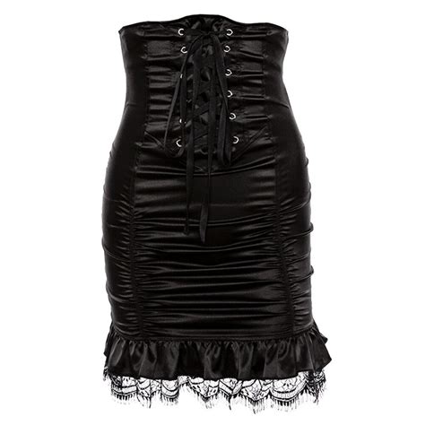gothic bodycon skirt women autumn stylish lace bandage pleated zipper
