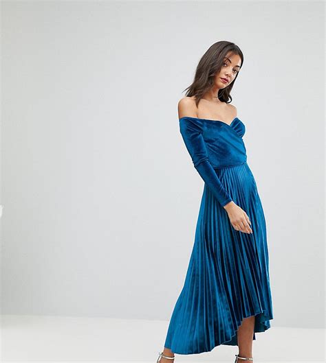 asos tall velvet wrap bardot pleated midi dress blue blue midi dress pleated midi dress