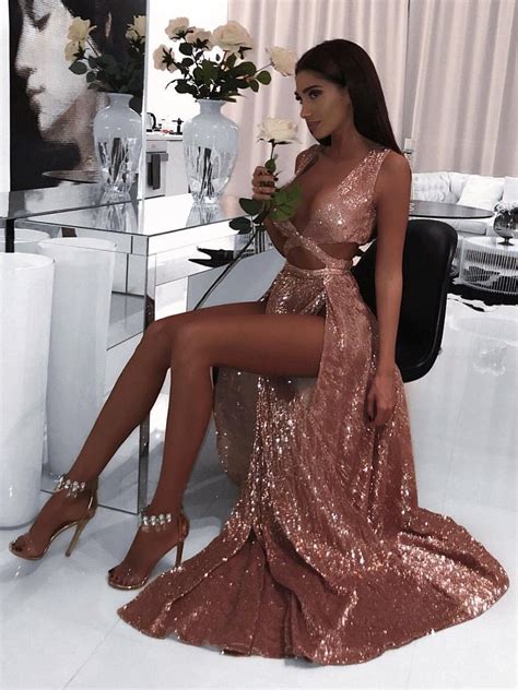 Sexy Prom Dresses Aline V Neck Floor Length Long Deep V Double Slit Pr