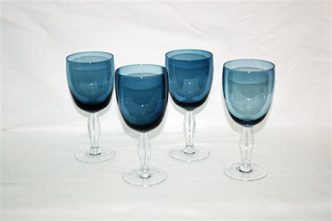 Vintage Blue Tinted Clear Stemmed Wine Goblets Wine Glasses Water
