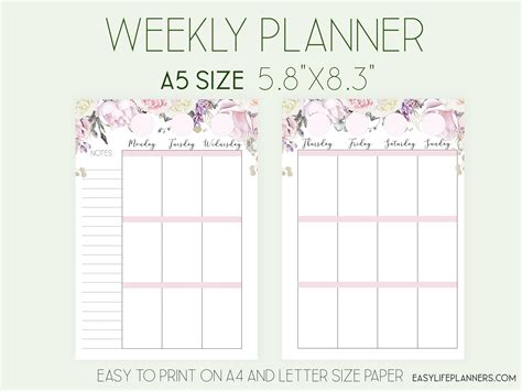 weekly insert weekly planner pages  planner refills printable