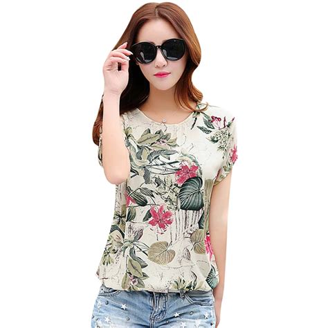 retro style linen floral printed summer blouse shirts women tops loose lady short sleeve