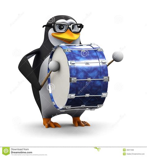 3d Penguin Bangs On A Big Bass Drum Stock Illustration