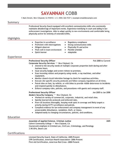 professional security officer resume   professional