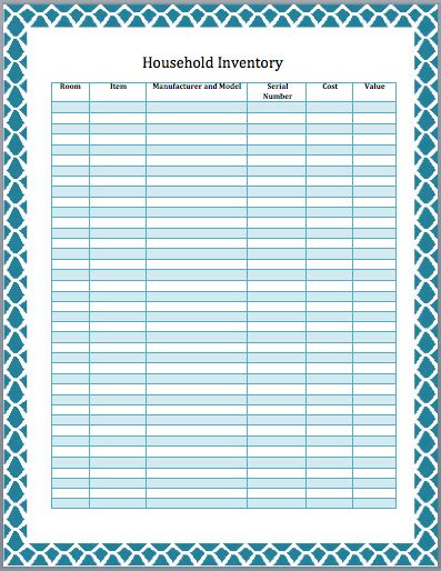 household inventory list template word templates