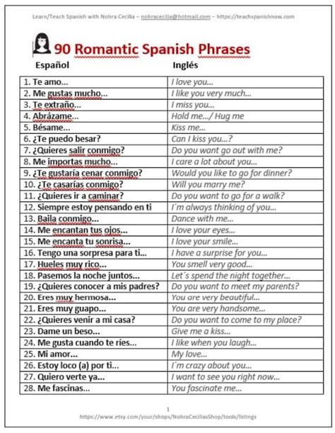 90 Romantic Spanish Phrases Etsy