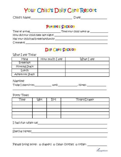toddler day care report  template  printing daycare forms
