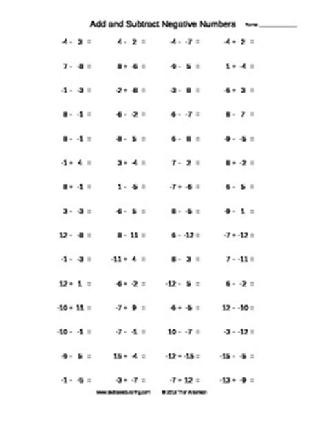 subtracting negative numbers worksheet  answers adding