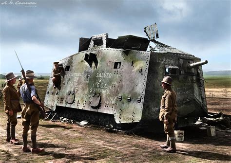 wwi australian army troops capturing  ruined german av tank
