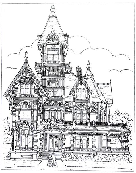 victorian house printable coloring book page  carson mansion
