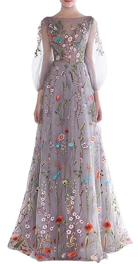 ysmei womens floral embroidery long prom party dress  sleeves lace evening gown gray blue