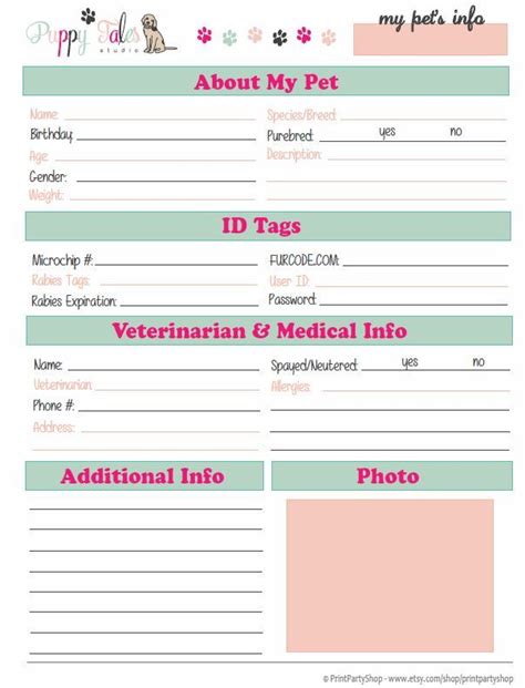 pet information sheet  pet care printables