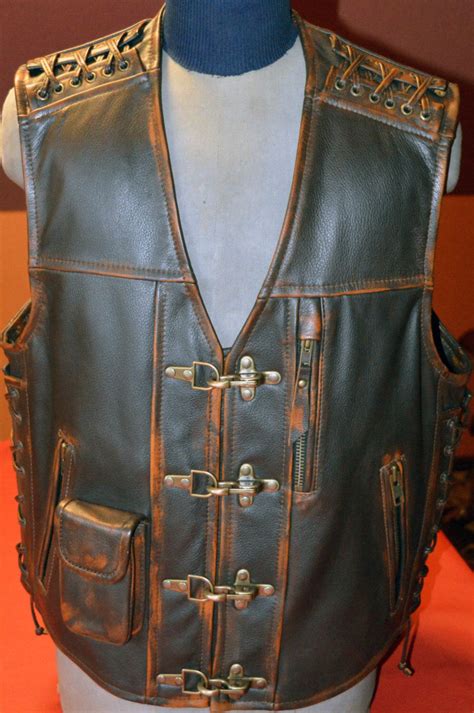 fashion biker real leather waistcoat eagle embossed antique brass