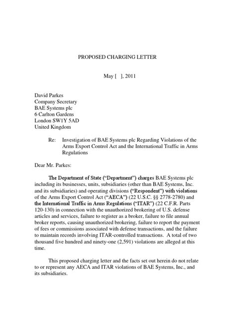 bae  dept  state proposed charging letter government politics