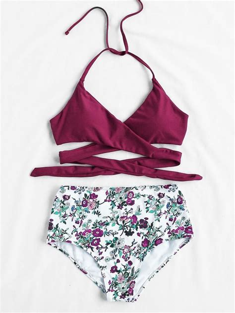 calico print high waist wrap bikini set with images wrap bikini set