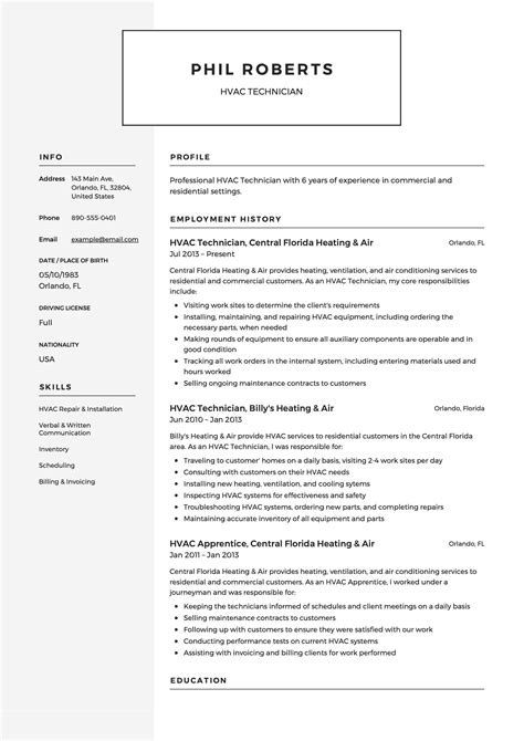 hvac technician resume skills   application