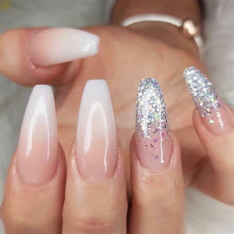 Sparkly Pink And White Ombre Nails With Glitter