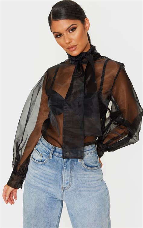 black sheer organza pussy bow blouse prettylittlething il
