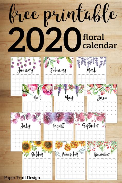 Free Printable Calendar 2020 Floral Paper Trail Design