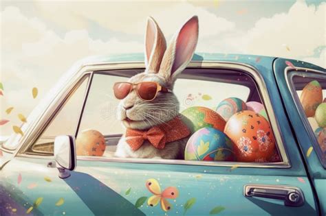 easter bunny  sunglasses     car filed  easter eggs stock illustration