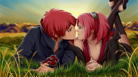 An Anime Couple With Red Hair Kissing In The Grass Wallpaper Download