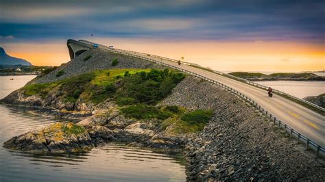 landscape photography  island concrete bridge motorcycle atlantic