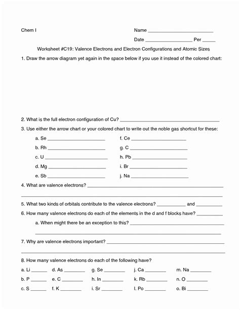 valence electrons worksheet answers