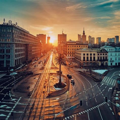 Beautiful Panoramic Aerial Sunset Drone Skyline View Of The Warsaw City