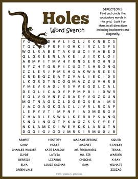 holes  louis sachar  book study word search puzzle worksheet