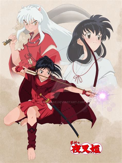 Inuyasha And Kagome And Their Daughter Moroha With A Bow And Arrow