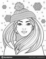 Hair Girl Long Christmas Adult Coloring Pages Girls Cute Hat Tattoo Beautiful Visit Depositphotos Book Doodle Books sketch template
