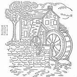 Embroidery Coloring Pages Hand Patterns House Old Template Vintage Watermill Modern Pattern Buildings Mill sketch template