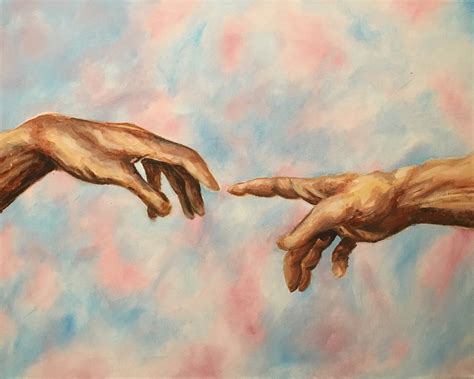 michelangelo hands touching reaching painting blue art board print