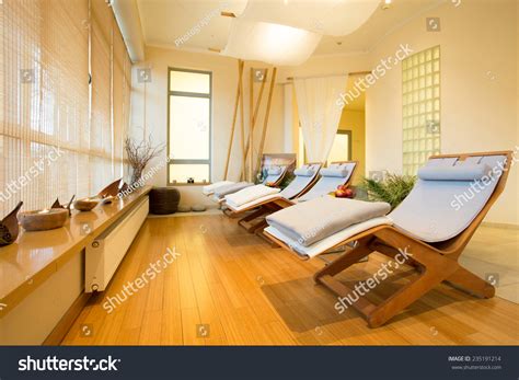 close   loungers  cozy spa room stock photo  shutterstock