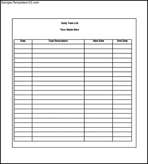 daily task list template sample templates sample templates