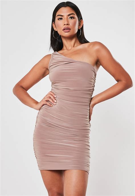 Blush Slinky One Shoulder Ruched Bodycon Mini Dress Missguided