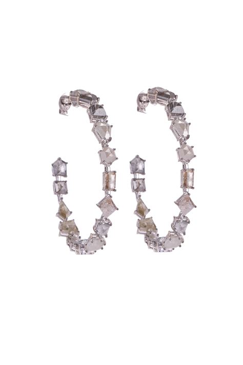 sylva and cie 18k white gold rough diamond hoop earrings