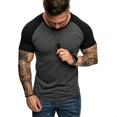muscle men t shirt patchwork red white short sleeve shirt fit o neck
