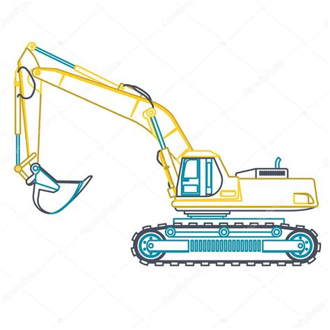 blue yellow outline big digger builds roads  white construction machinery  ground works