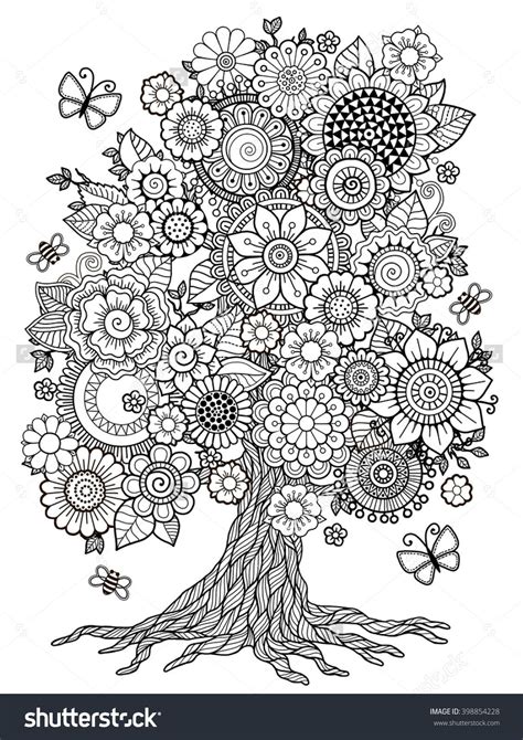 blossom tree coloring book  adult doodles  meditation