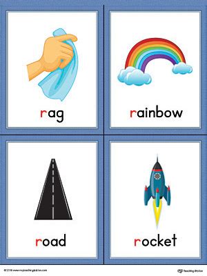 letter r words and pictures printable cards rain rug run rock