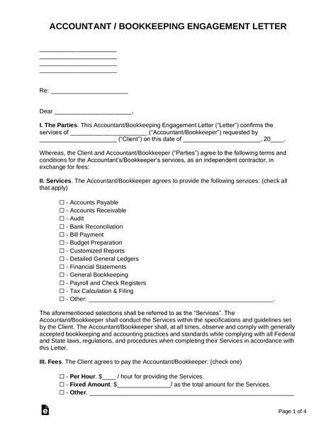 accountant bookkeeping engagement letter template sample