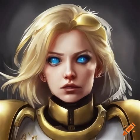Warhammer 40k Blonde Hair Female Blue Eyes Dynamic Pose Golden Armour