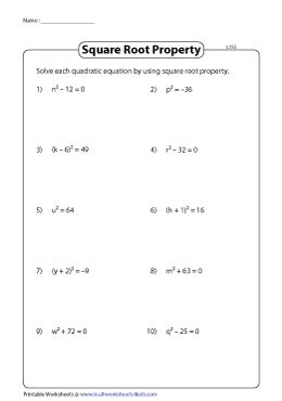 solving quadratic equations   square roots worksheets