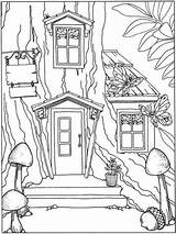 Treehouse Baumhaus Boomhutten Dover Kleurplaten Fairies Dragons Fanciful Dazzling Bebeazul Hadas Ratones Terapia Viviendo Folletti Parte Ausmalen Malen Doverpublications Casas sketch template