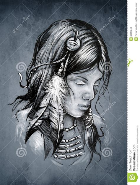 American Indian Woman Tattoo Sketch Stock Illustration Image 38807646