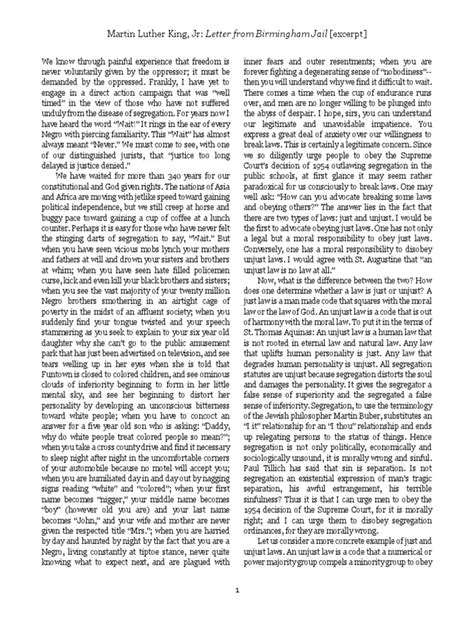 martin luther king jr letter  birmingham jail excerpt