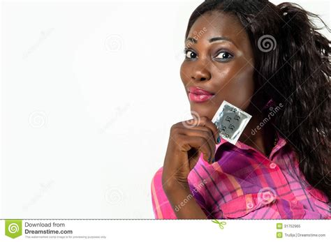 african american girl showing condom safe sex conc stock