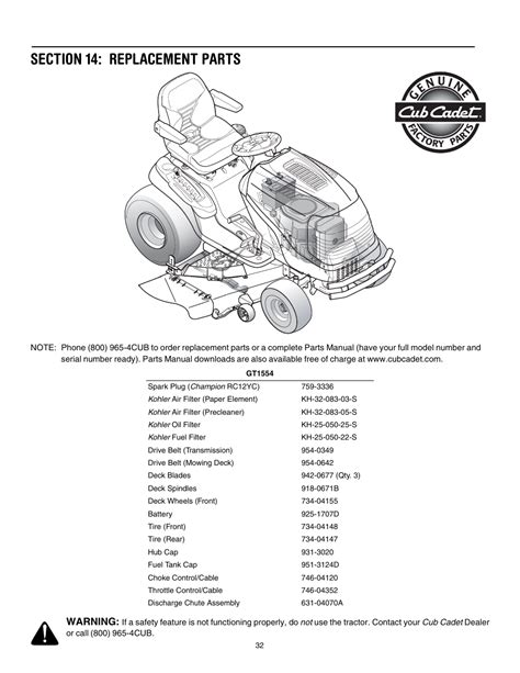 section  replacement parts cub cadet gt user manual page