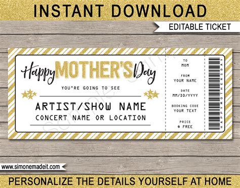 mothers day concert ticket template printable gift voucher  certificate
